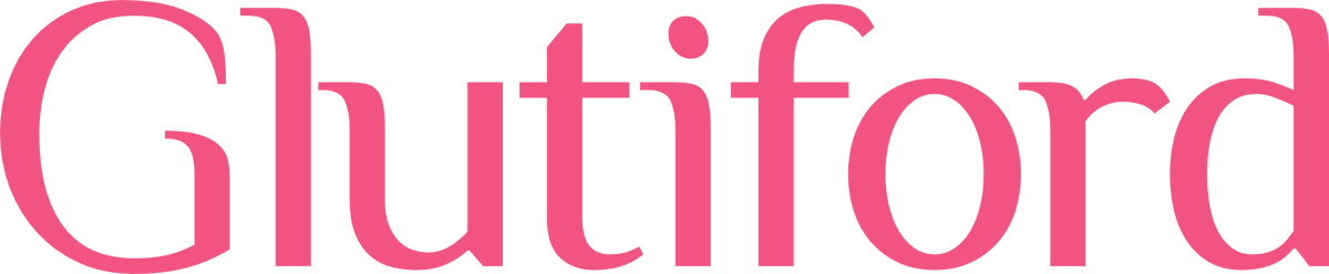 The word 'Glutiford' in a bold pink serif typeface on a solid black background