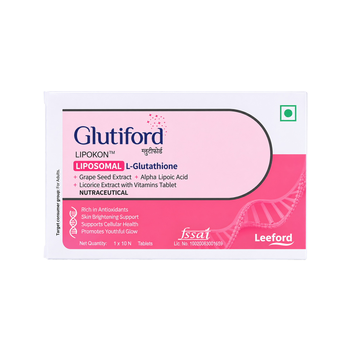 A box of Glutiford Lipokon L-Glutathione tablets, featuring a white and pink design 