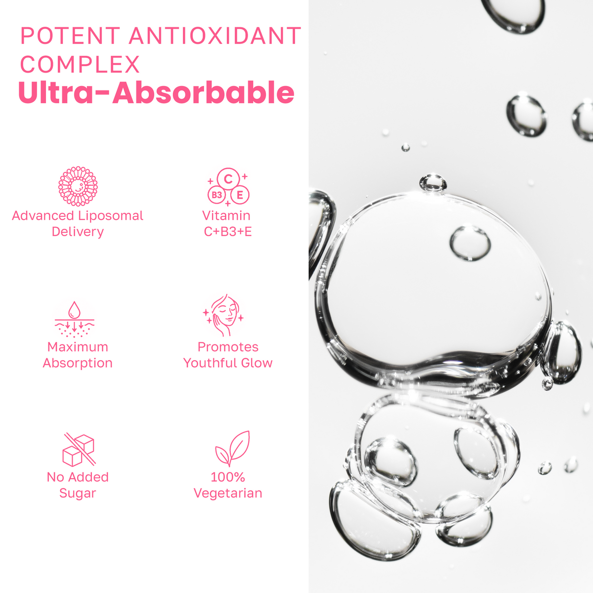 Infographic showcasing potent antioxidant complex features beside water bubbles.