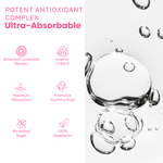 Infographic showcasing potent antioxidant complex features beside water bubbles.