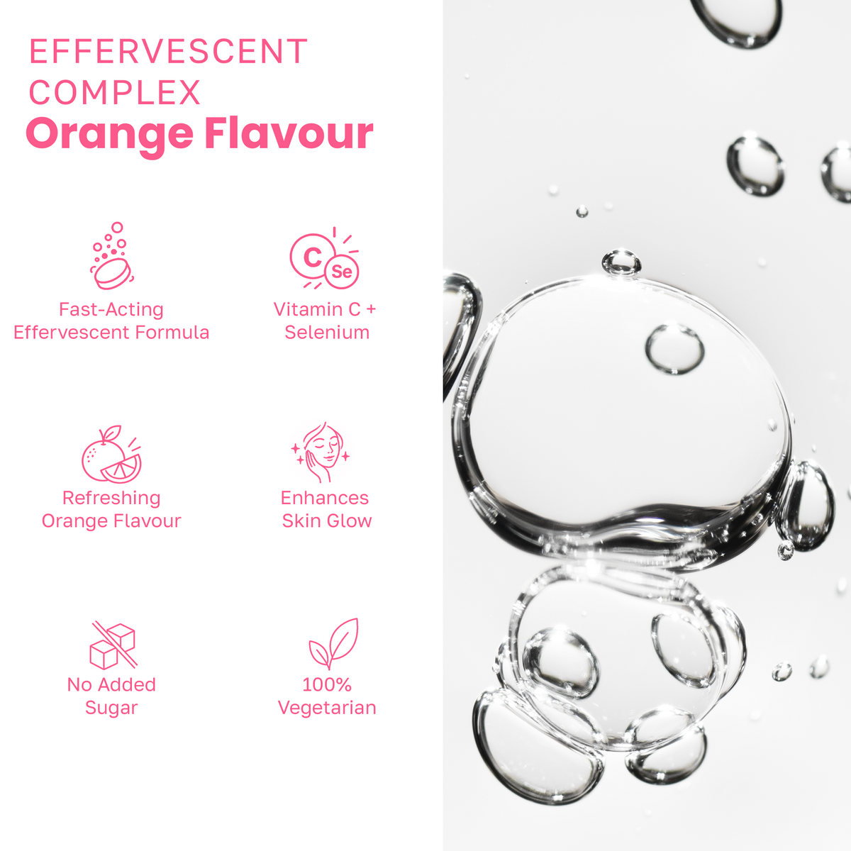 Orange flavor effervescent complex features infographic.