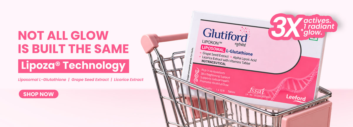 Glutiford Glutathione supplement box in a shopping cart ad banner.