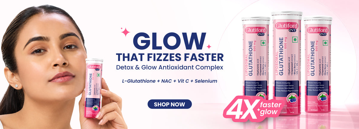 Woman holding Glutiford Glutathione tube next to product lineup