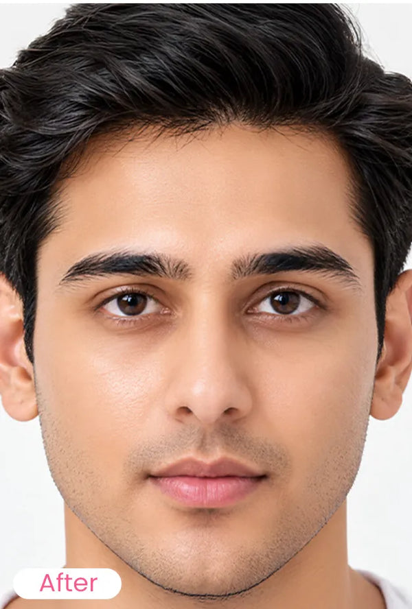 Close-up of a mans face with a after label in the bottom-left corner