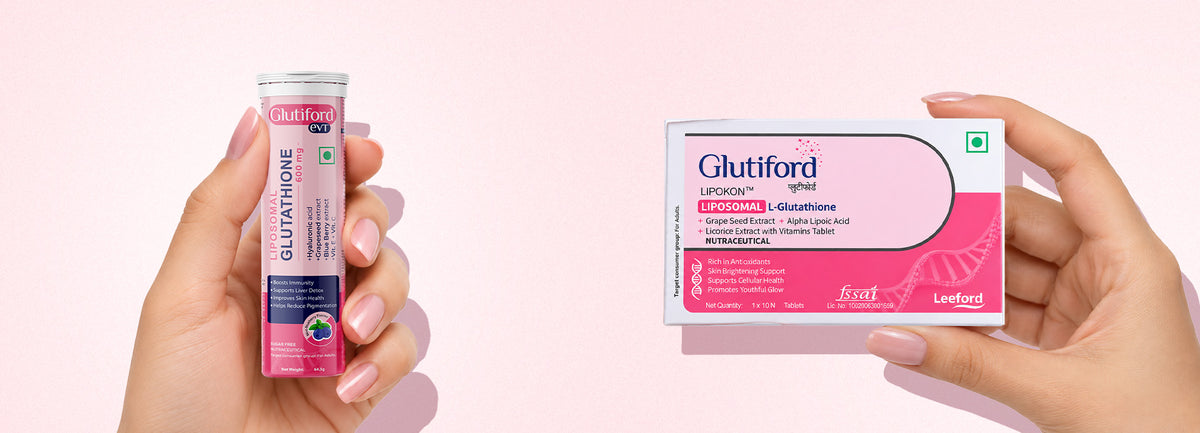 Two hands holding glutiford lipoxyn glutathione tablets