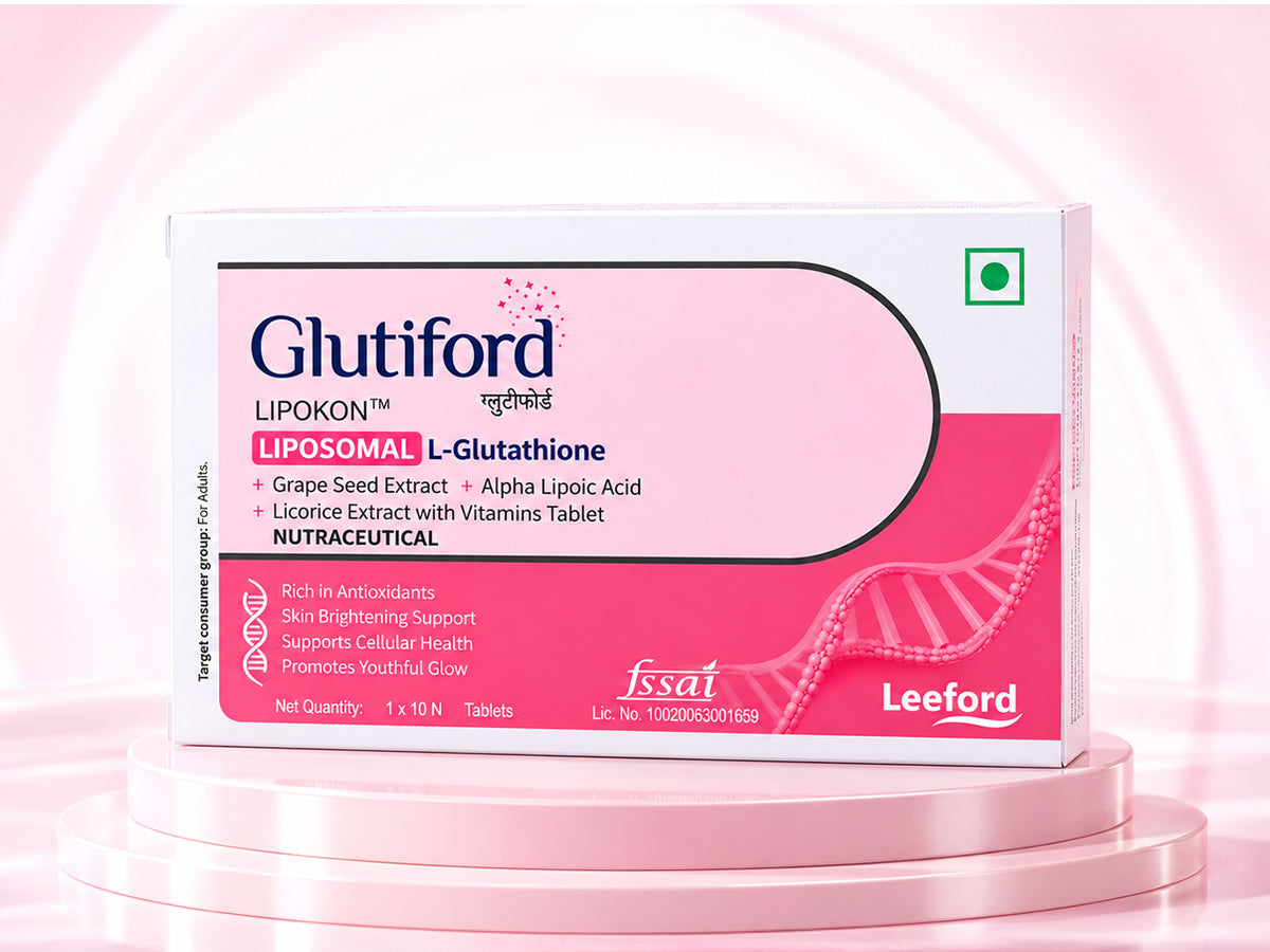 Glutiford Liposomal L-Glutathione supplement box displayed on a pink podium.