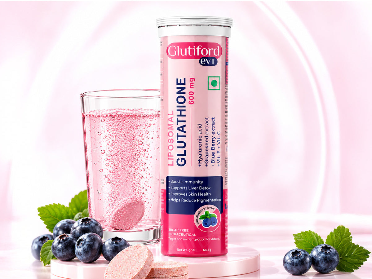 Glutiford Glutathione tube, pink drink, tablets, and blueberries.